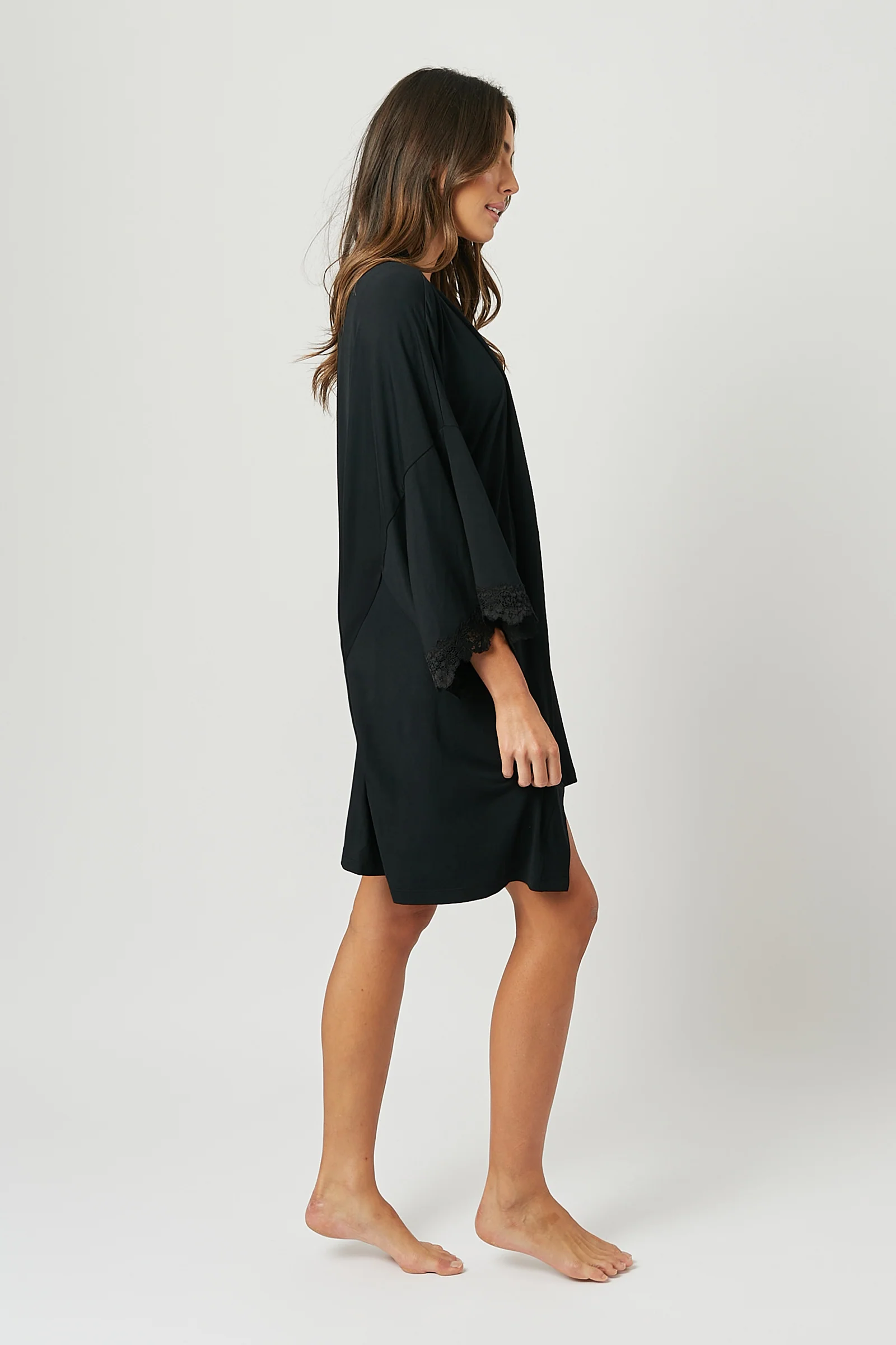 (Bundle) Lace Trim V-Neck Nightie + Modal Robe BLACK - Image 3