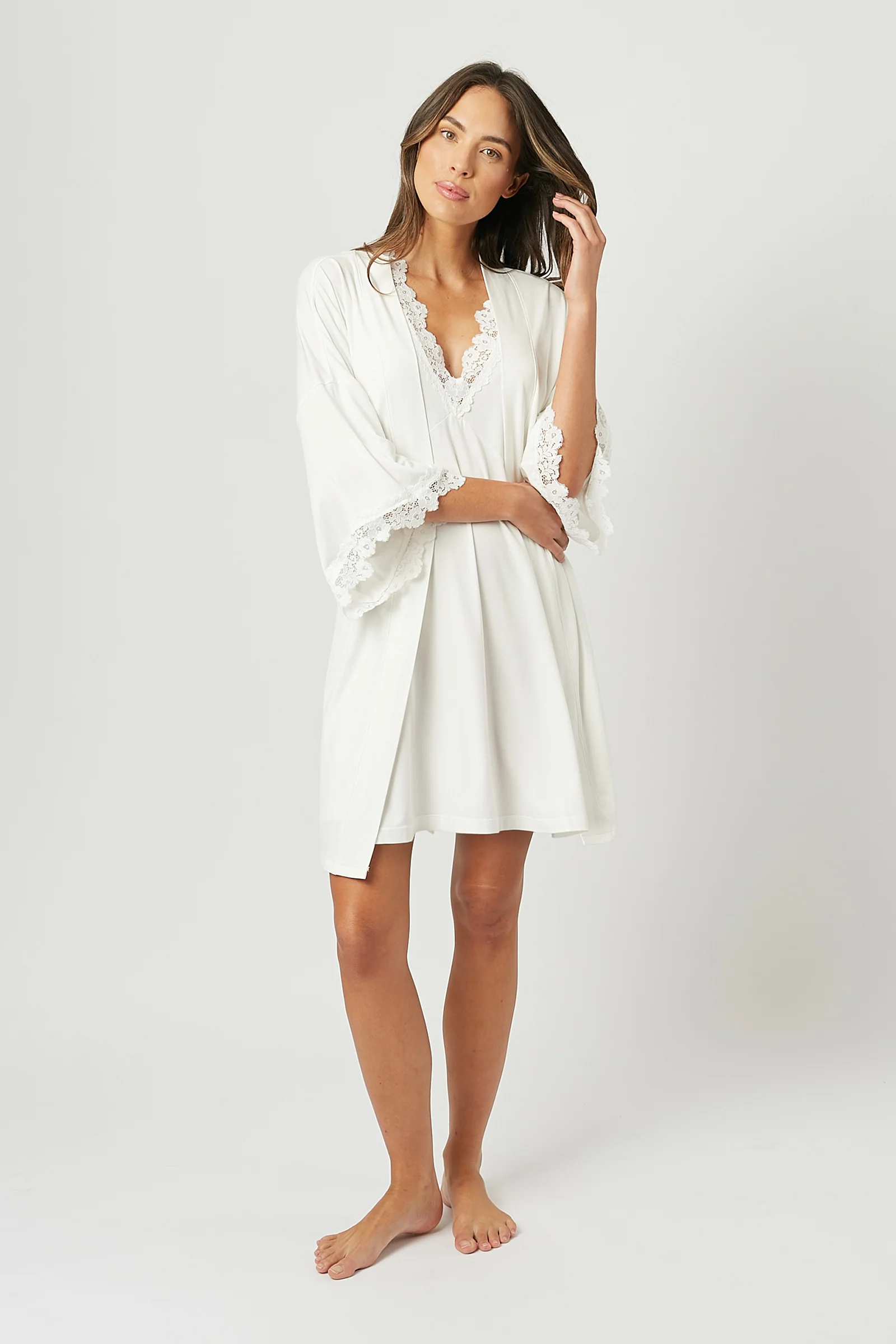 (Bundle) Lace Trim V-Neck Nightie + Modal Robe IVORY - Image 3