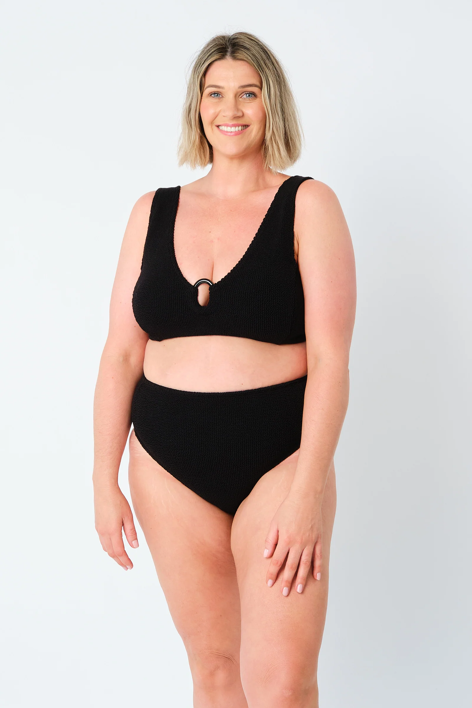 Crinkle Cut V-Neck Bikini Bralette with Ring BLACK - Image 9