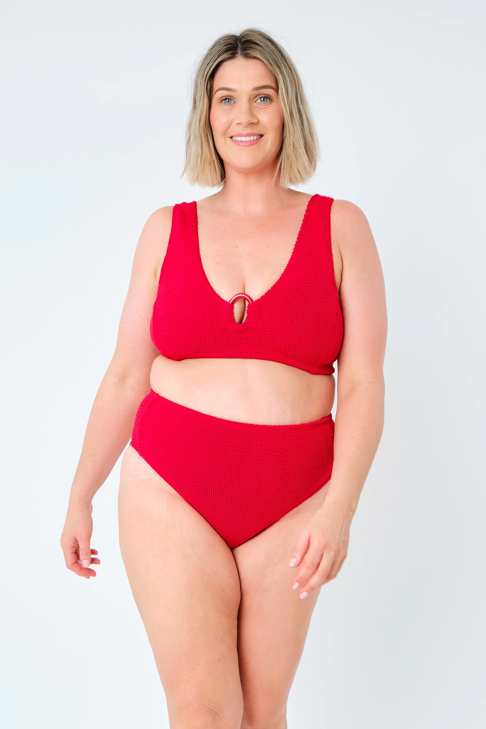 Crinkle Cut V-Neck Bikini Bralette with Ring RED - Image 10