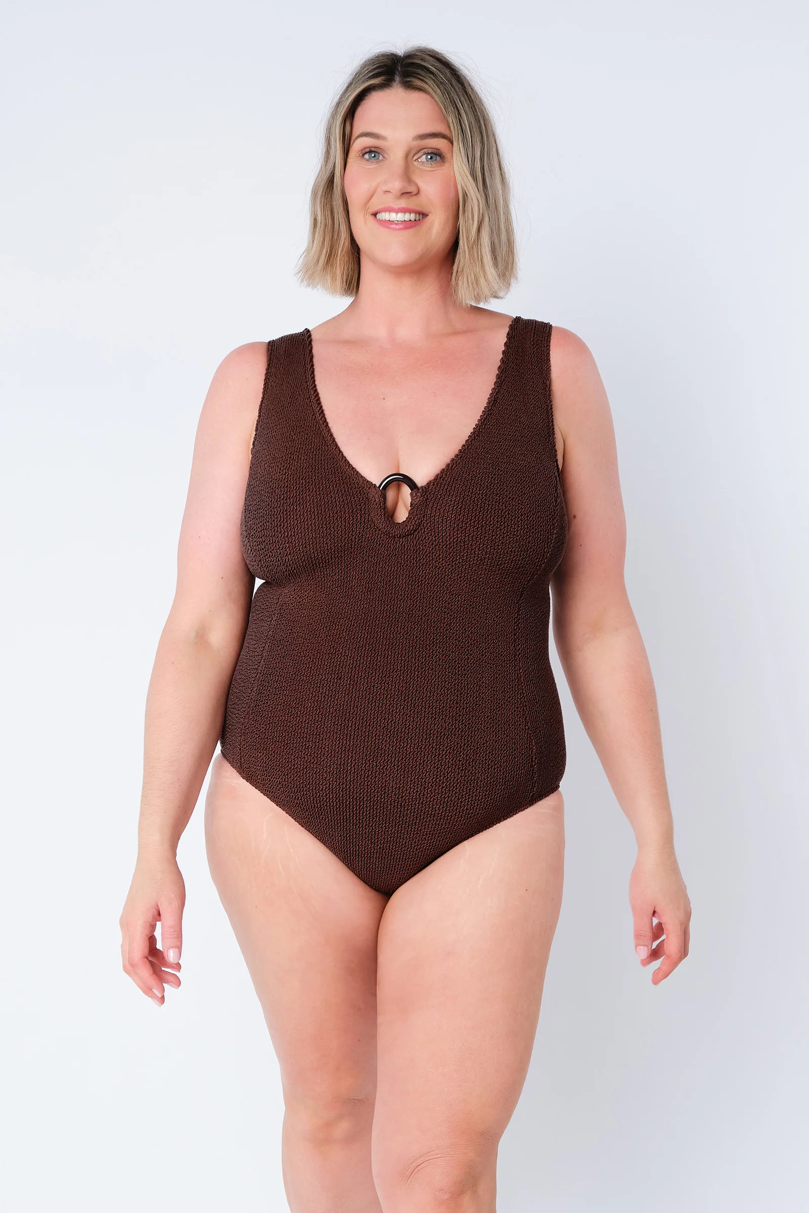 Crinkle Cut V-Neck One Piece with Ring CHOCOLATE - Image 10