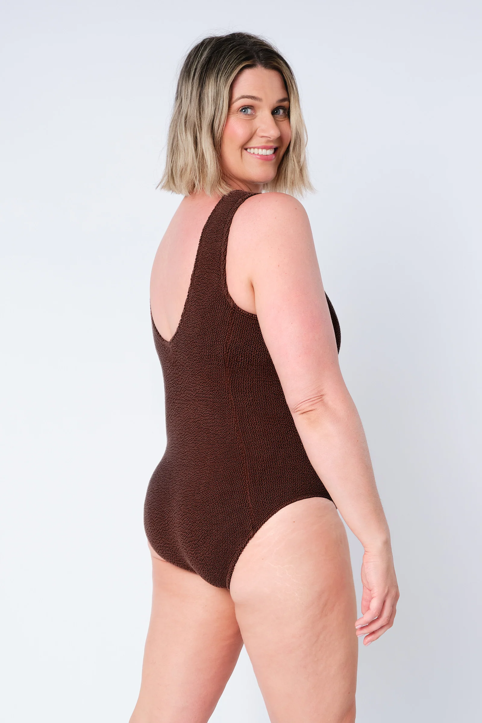Crinkle Cut V-Neck One Piece with Ring CHOCOLATE - Image 12