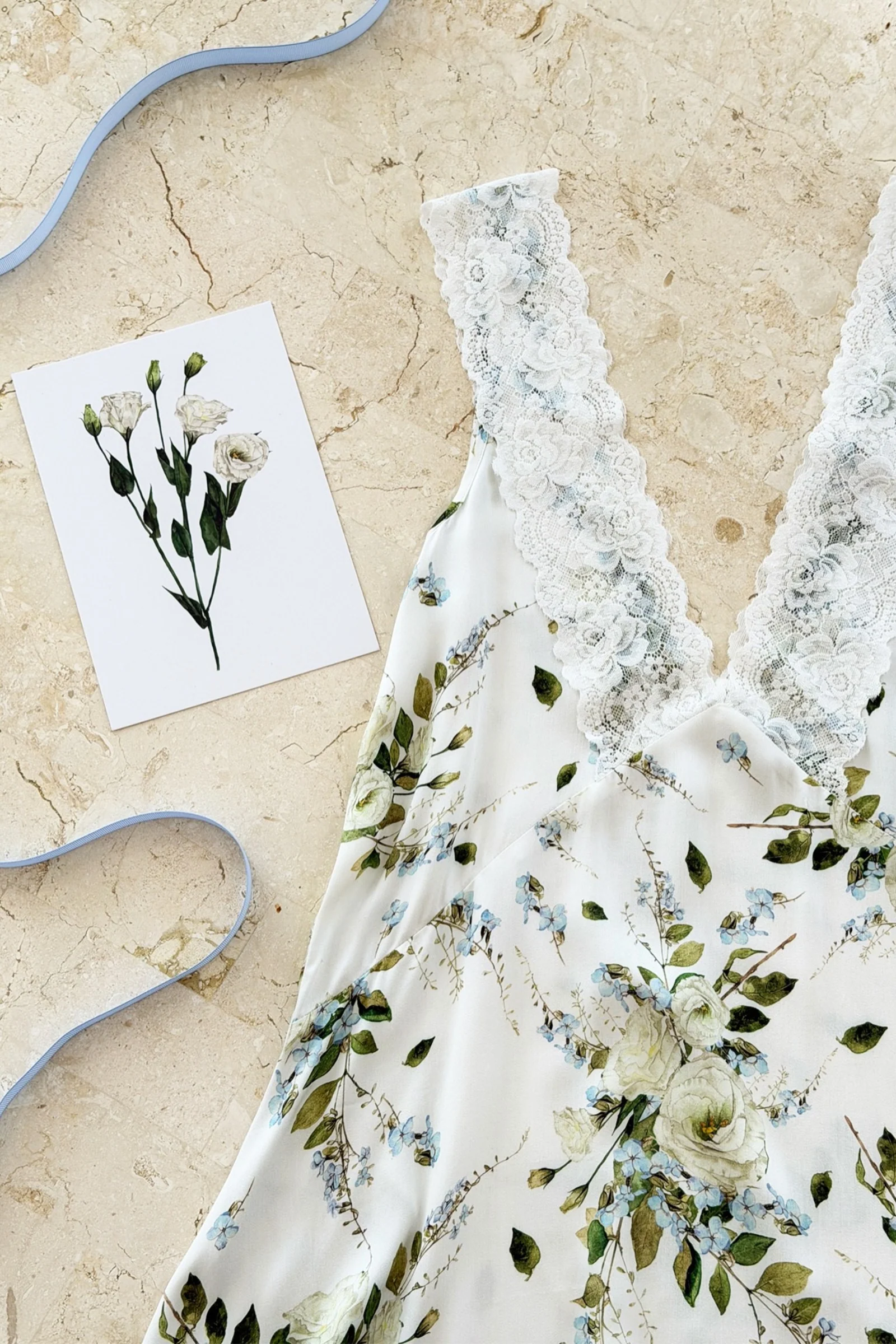 Delicate Lace Trim V-Neck Nightie LONDON BOTANICAL BLUE - Image 6