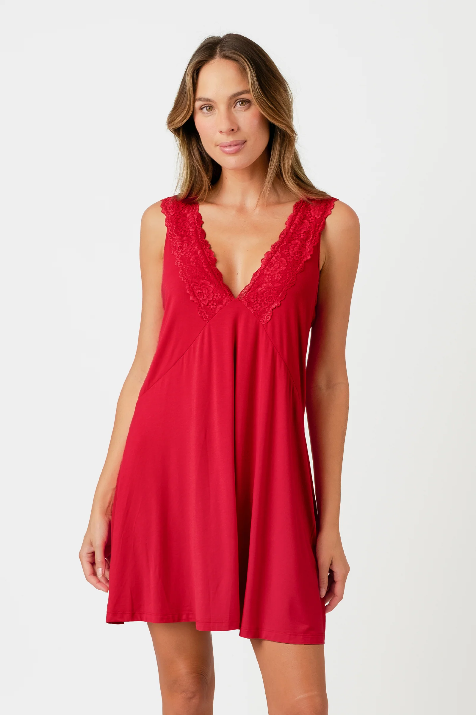 Delicate Lace Trim V-Neck Nightie RED - Image 3
