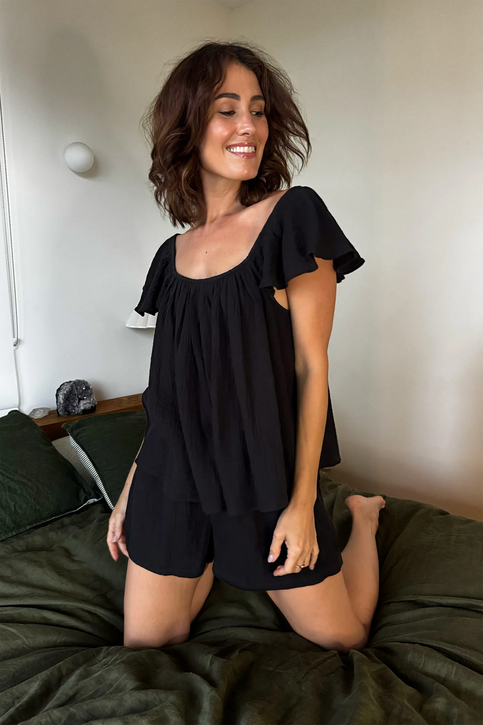 Ethereal Frill Top + Shorts Sleep Pyjama Set BLACK - Image 5
