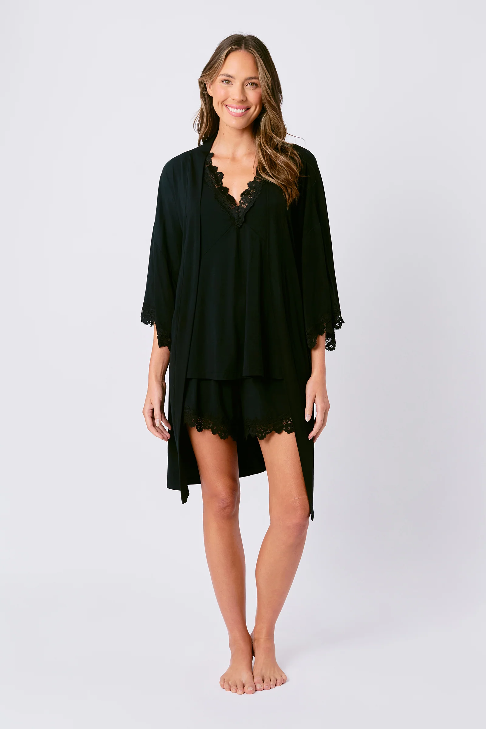 Lace Trim Cami + Shorts Sleep Pyjama Set BLACK - Image 7