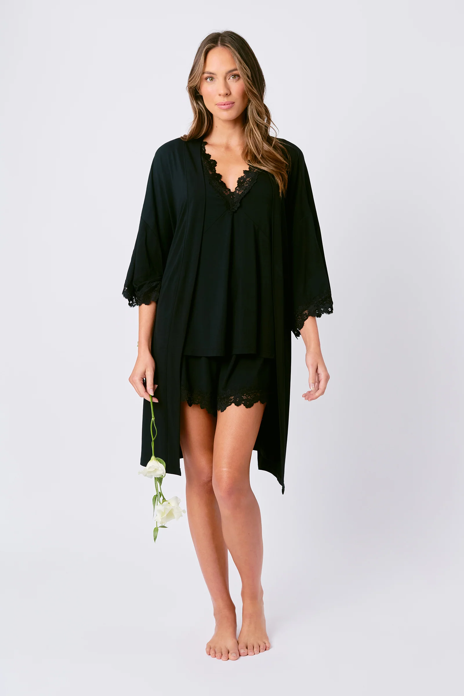 Lace Trim Cami + Shorts Sleep Pyjama Set BLACK - Image 8