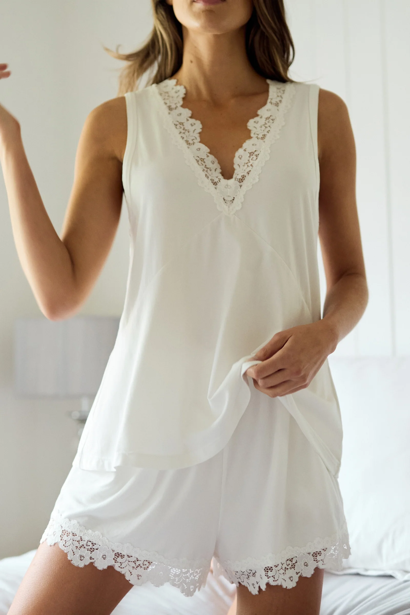 Lace Trim Cami + Shorts Sleep Pyjama Set IVORY - Image 9