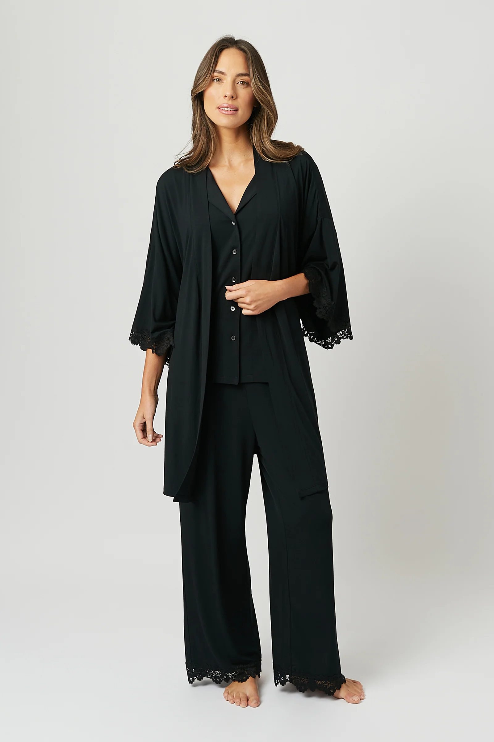 Lace Trim Modal Full Length Pyjama Set BLACK - Image 4