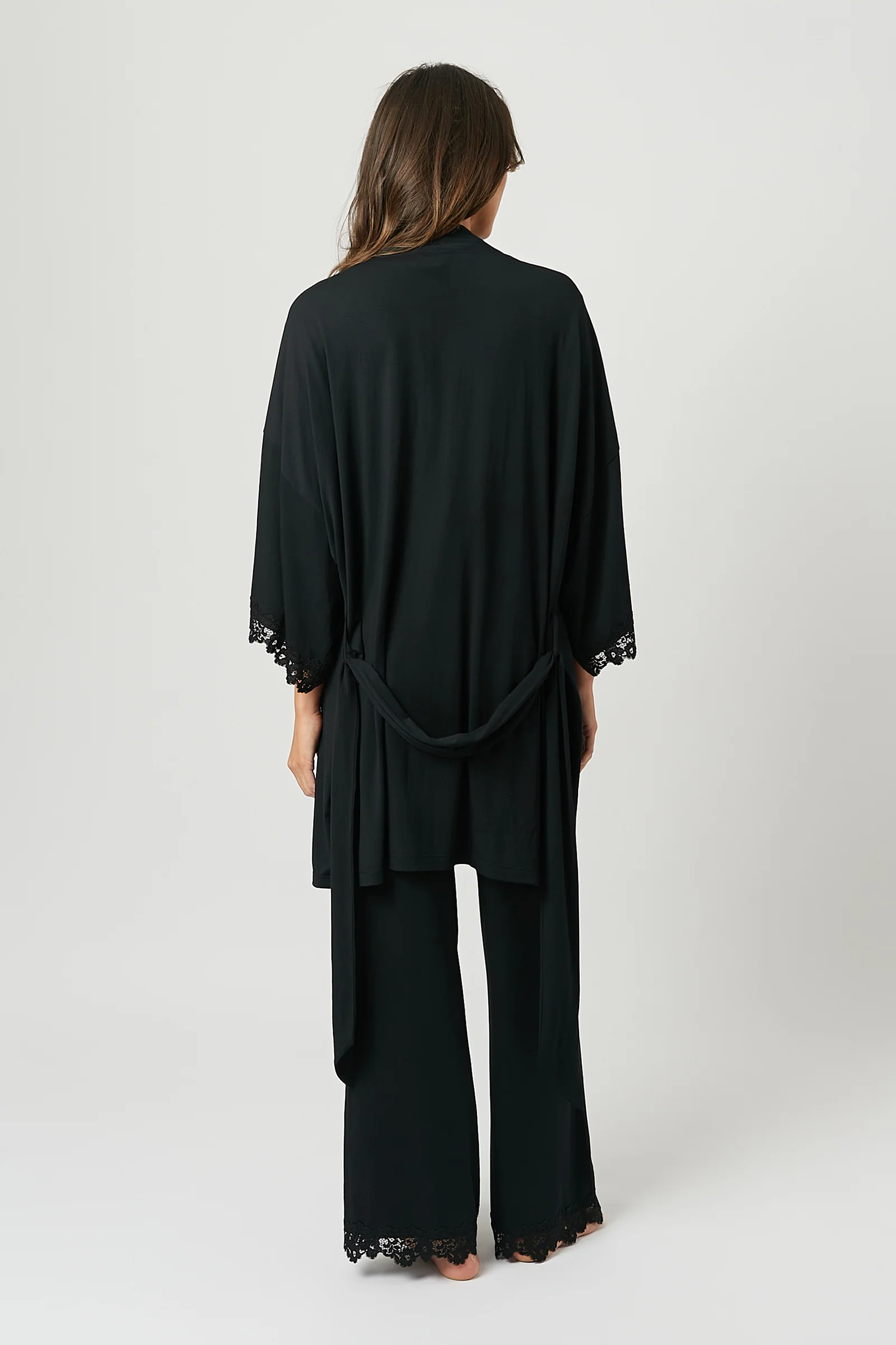 Lace Trim Modal Full Length Pyjama Set BLACK - Image 5