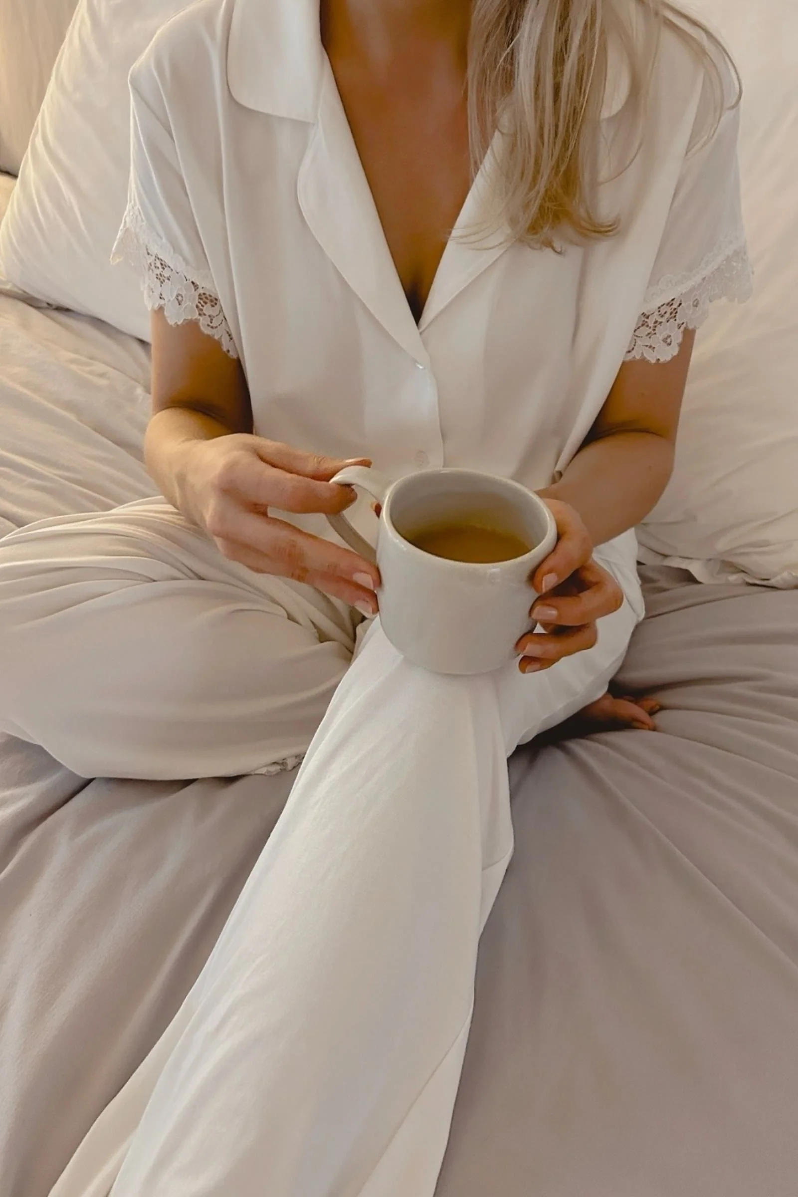 Lace Trim Modal Full Length Pyjama Set IVORY - Image 7