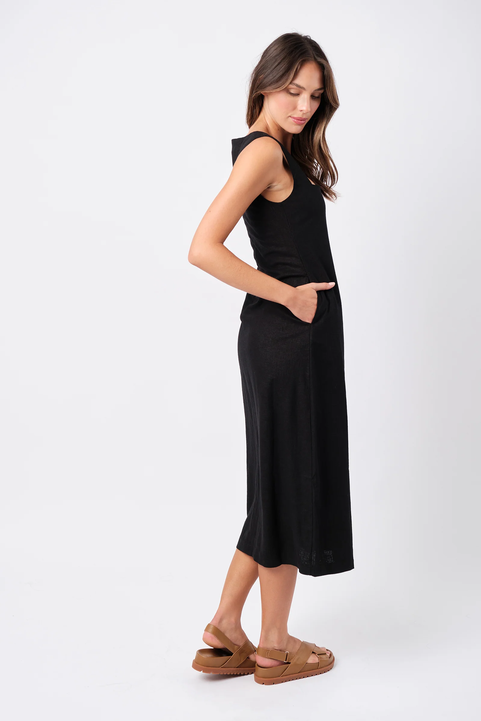 Linen Square Neck Midi Dress BLACK - Image 3