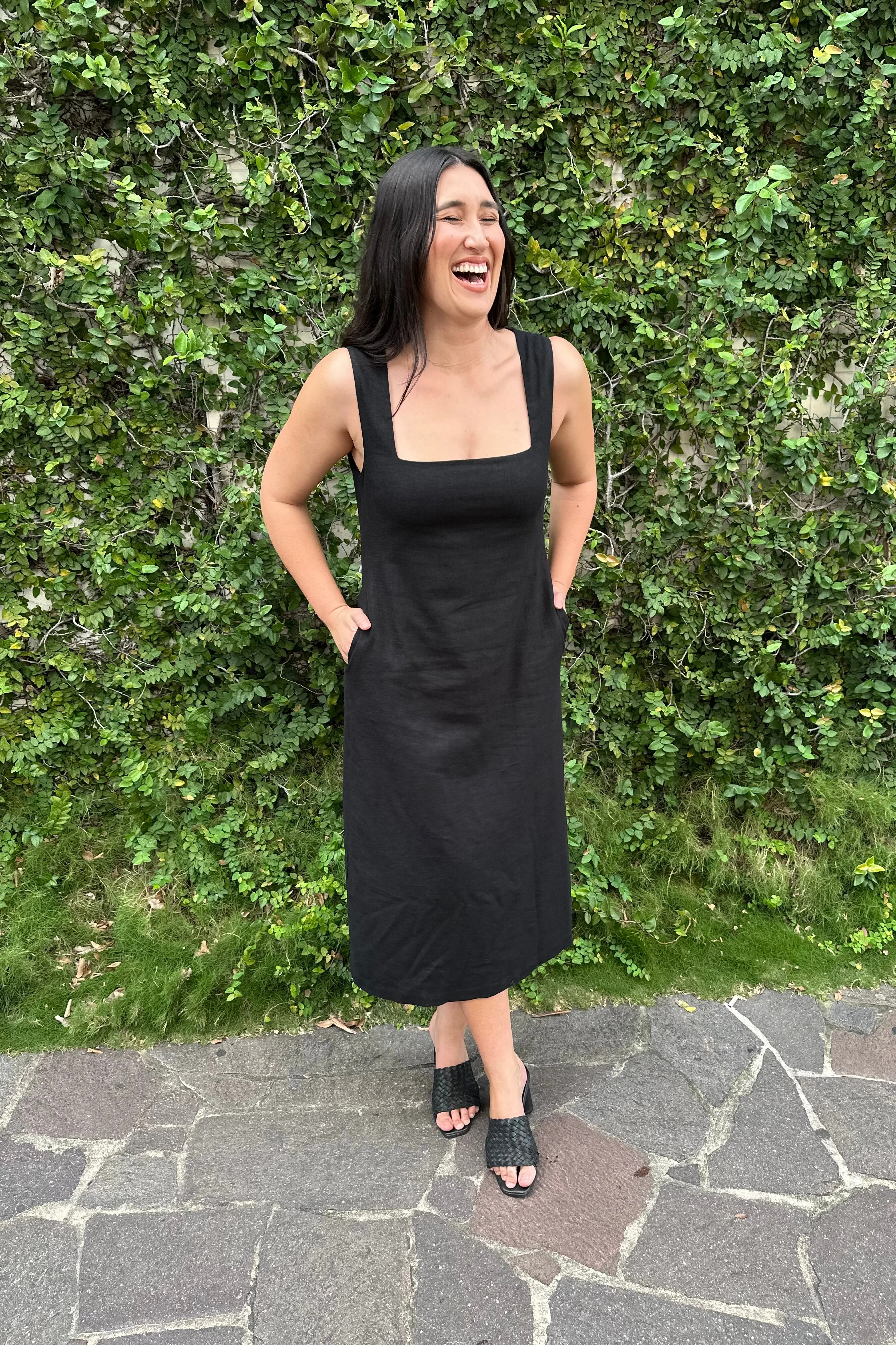 Linen Square Neck Midi Dress BLACK - Image 4