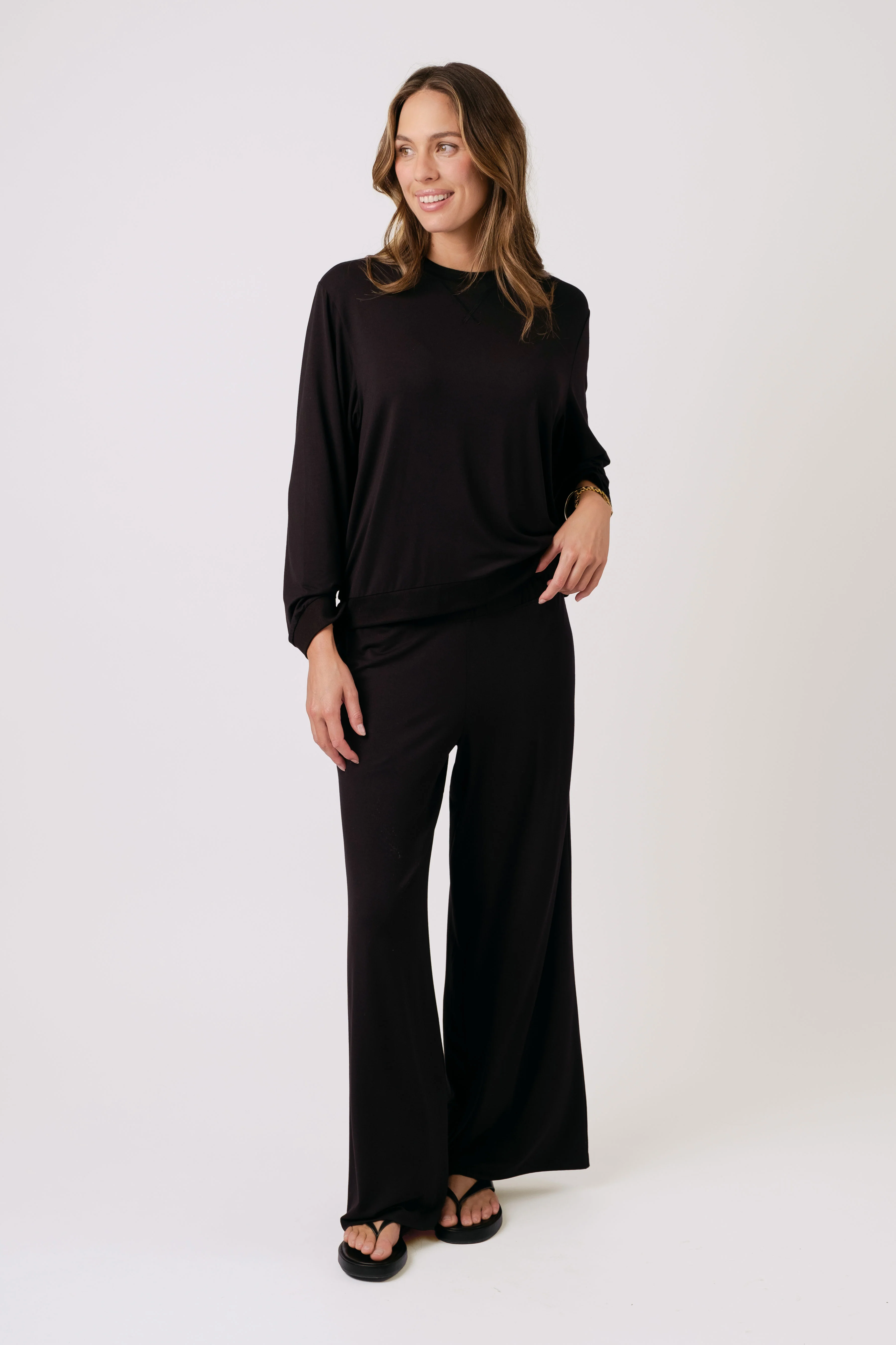 Lounge Long Sleeve Crew Neck Top BLACK - Image 3