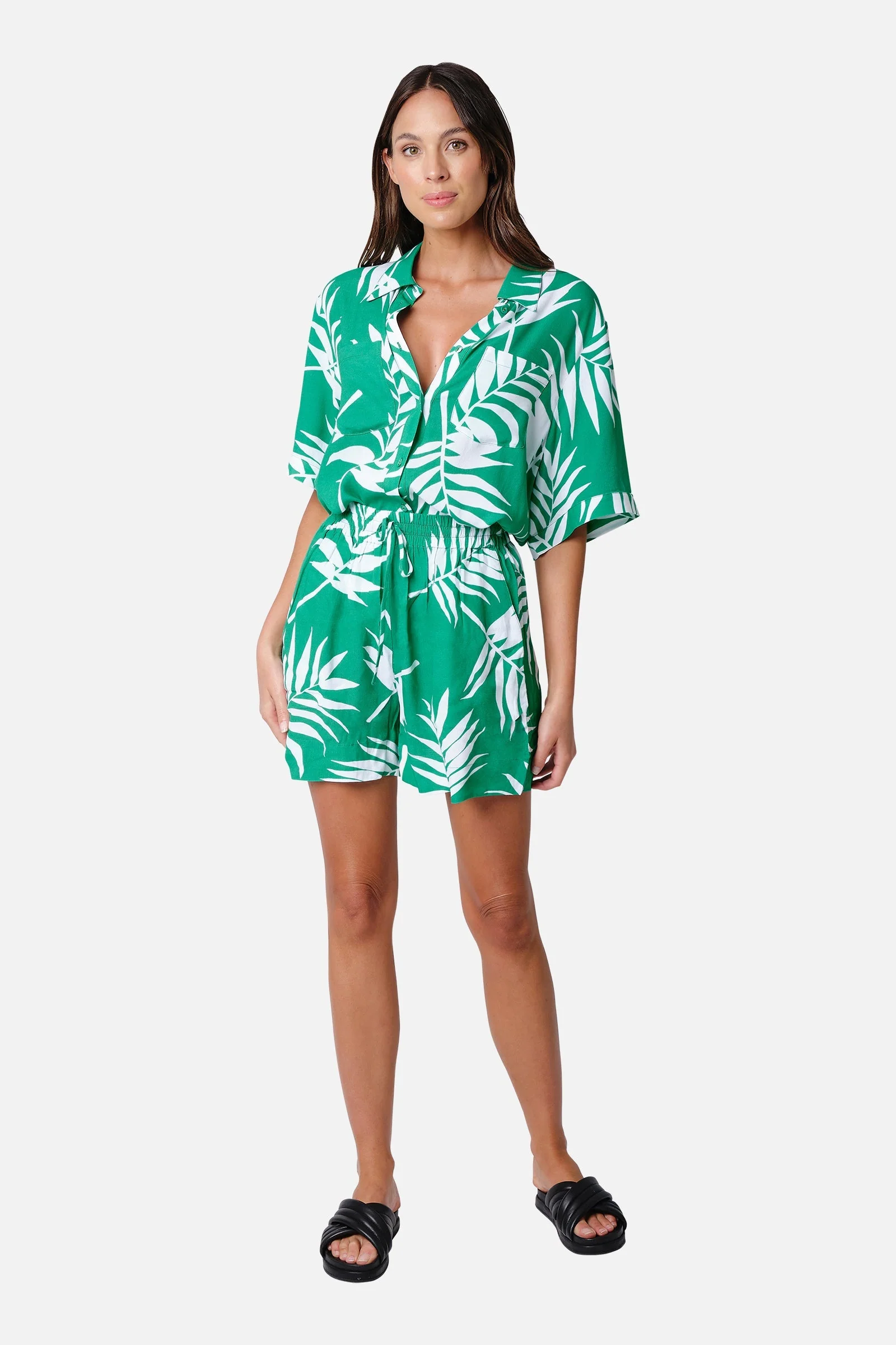 Short Sleeve Button-Up Shirt PALM SILHOUETTE GREEN - Image 15