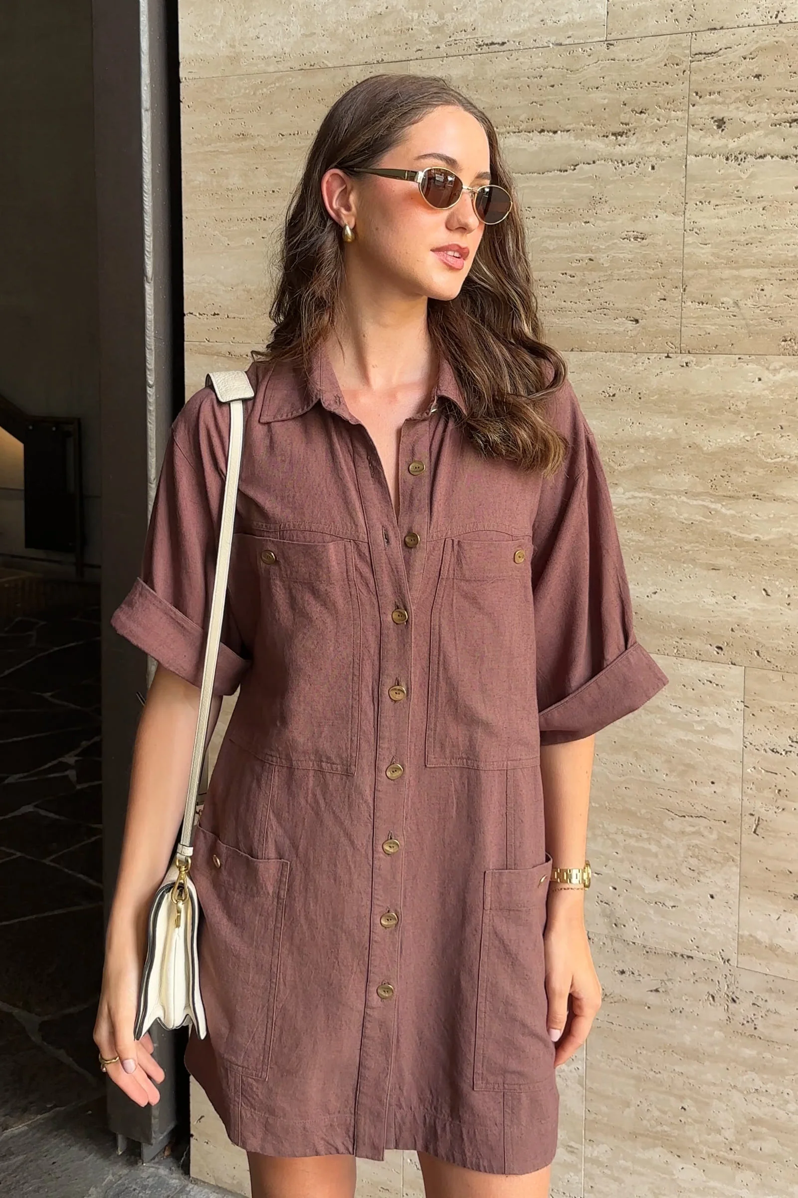 Short Sleeve Linen Dress CHOCOLATE - Image 3