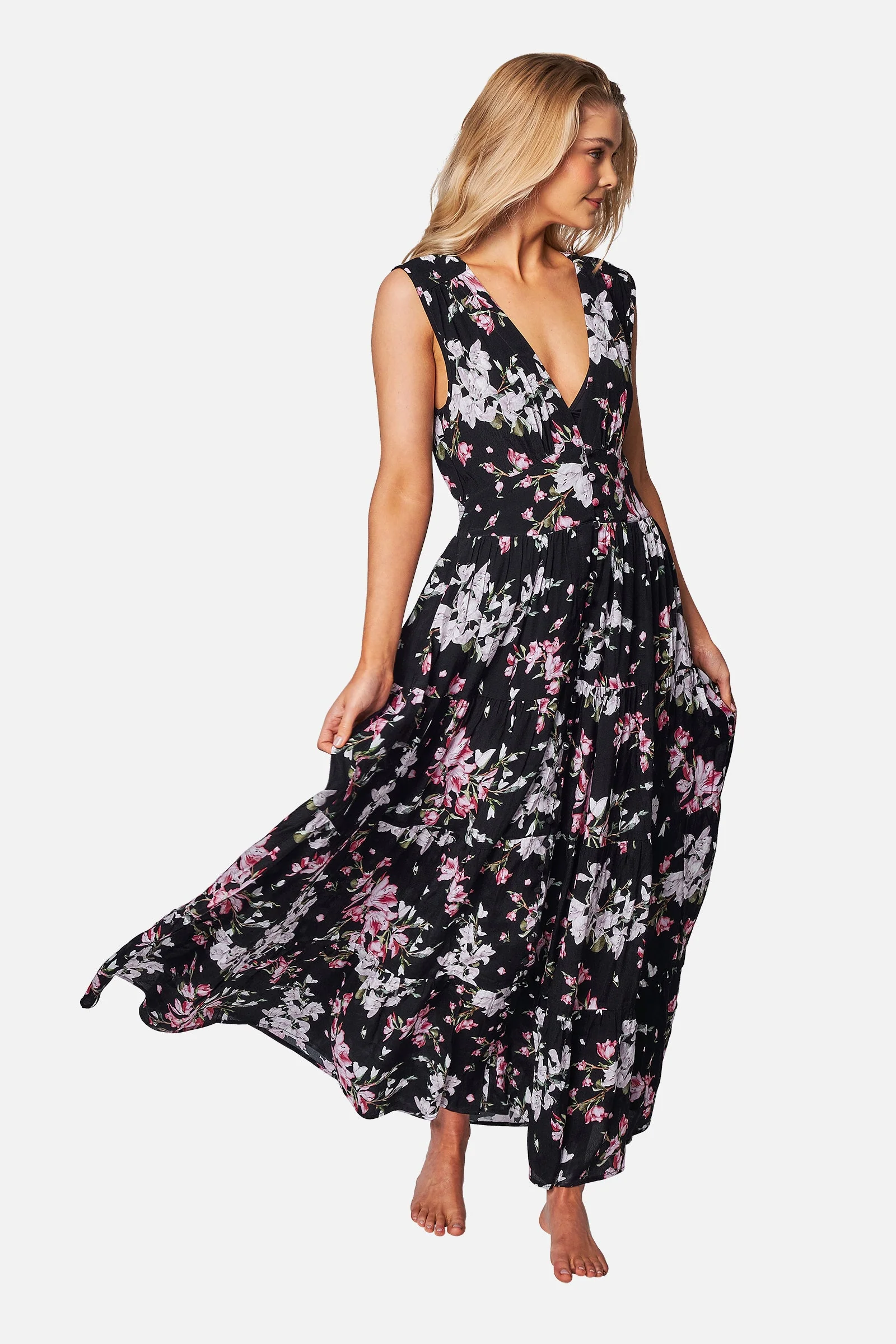 V-Neck Tiered Maxi Dress BAUHINIA BLACK - Image 3