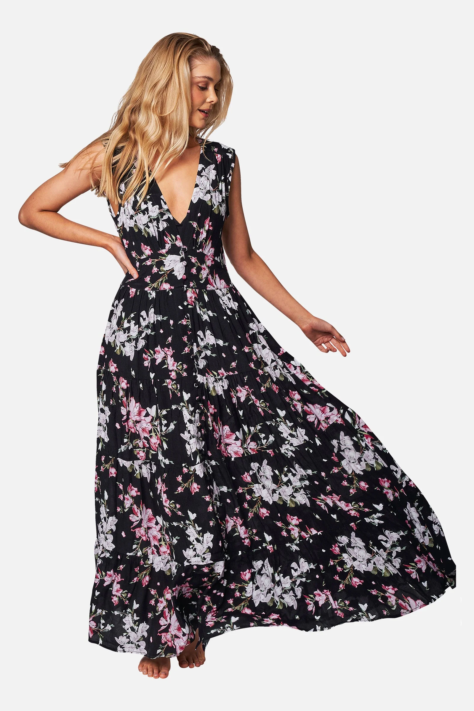 V-Neck Tiered Maxi Dress BAUHINIA BLACK - Image 5